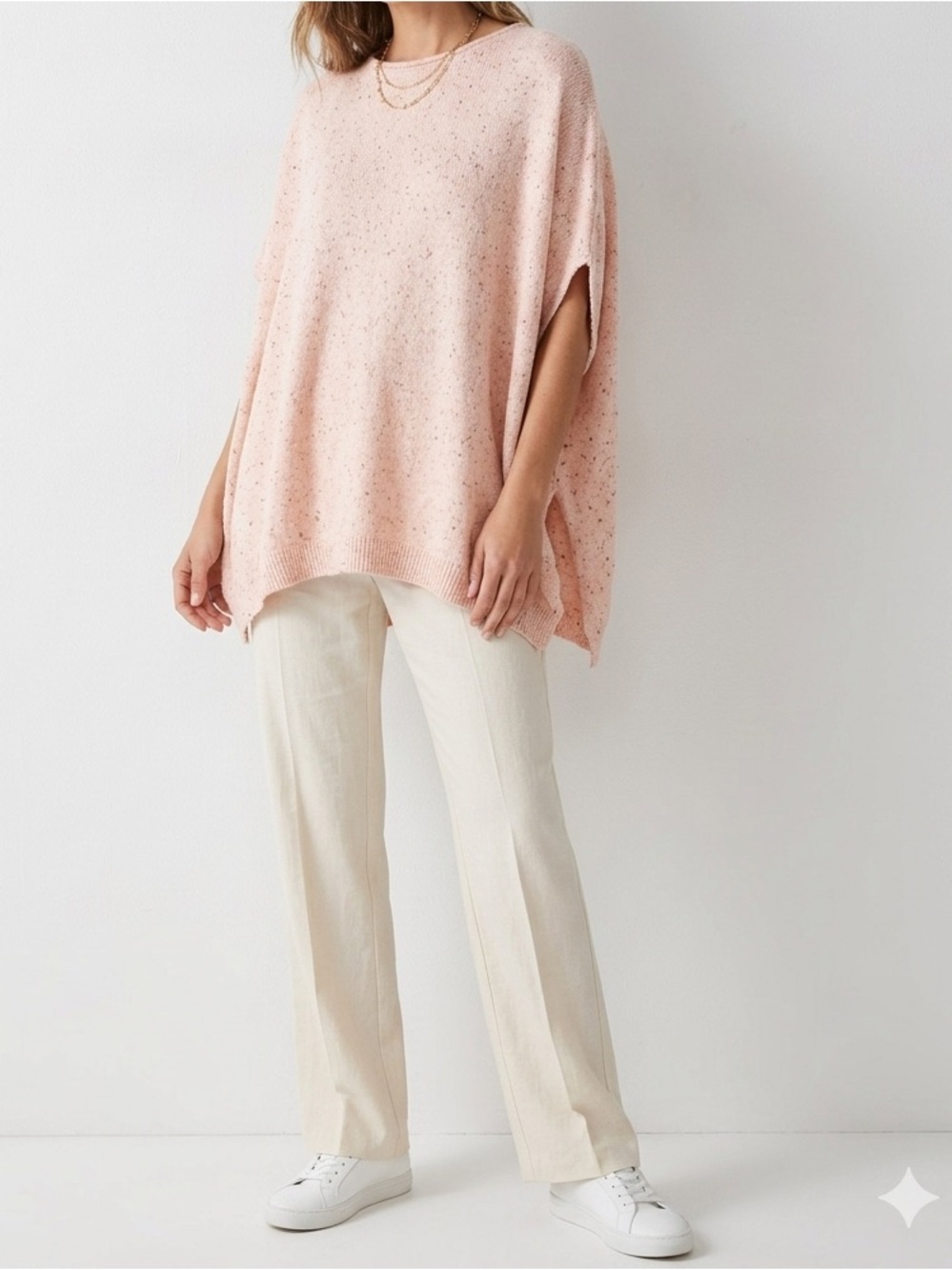 LOFT Ann Taylor Flecked Knit Side Tie Poncho Sweater Whisper White Pink🥰